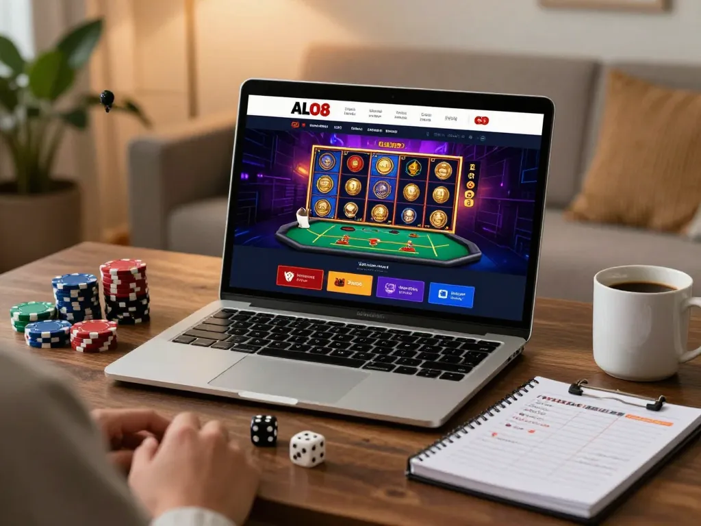 Player engaging with ALO8 online casino game on a laptop, surrounded by gaming strategy materials