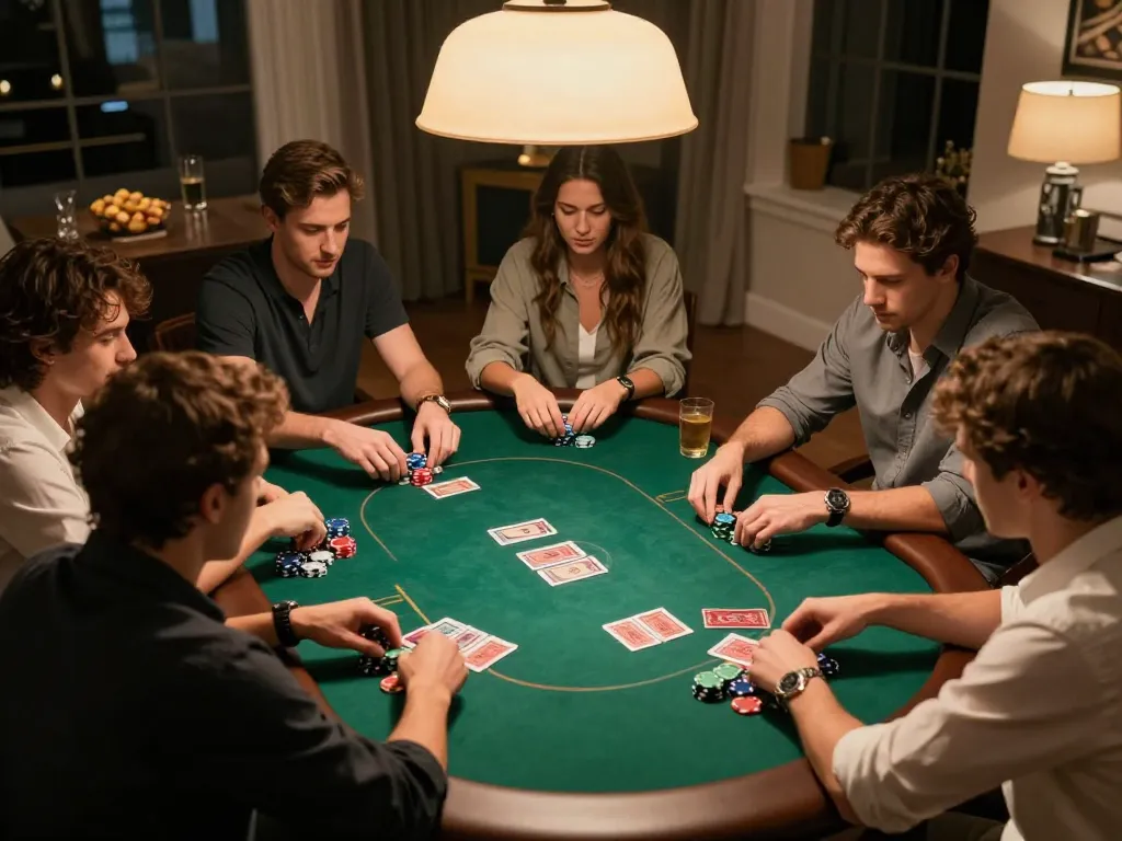 Engaging poker game with friends at home, showcasing strategic gameplay and excitement at https://lu88.jpn.com/