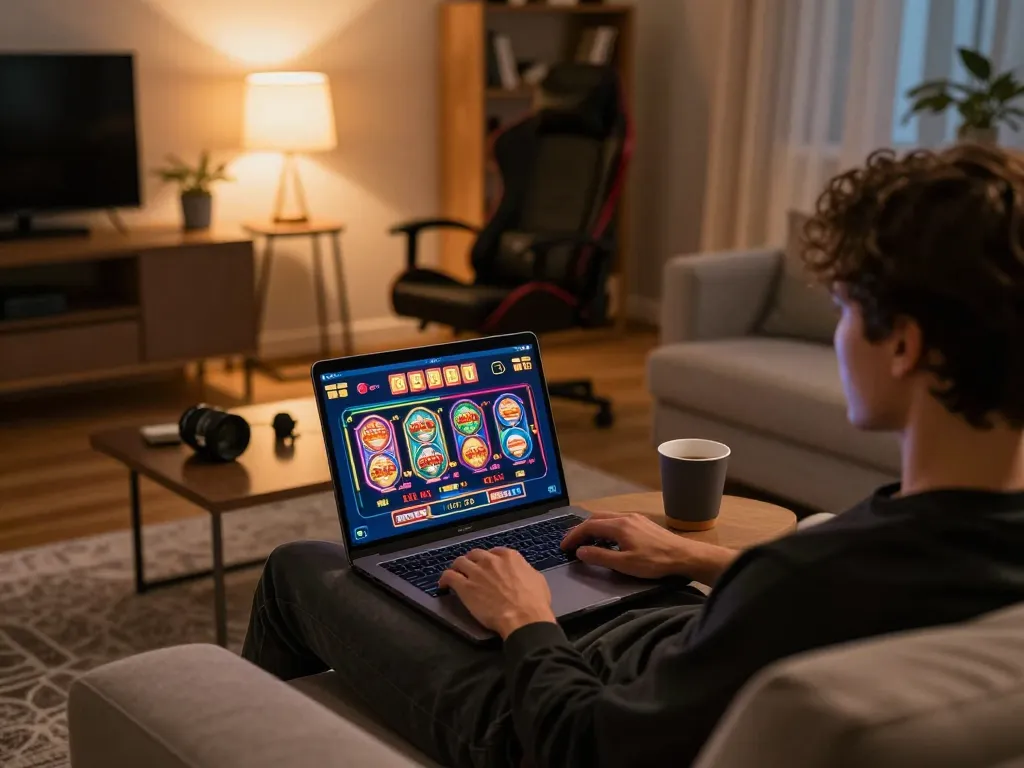 Engaging in online gaming with aa88 on a sleek laptop in a cozy home setup.