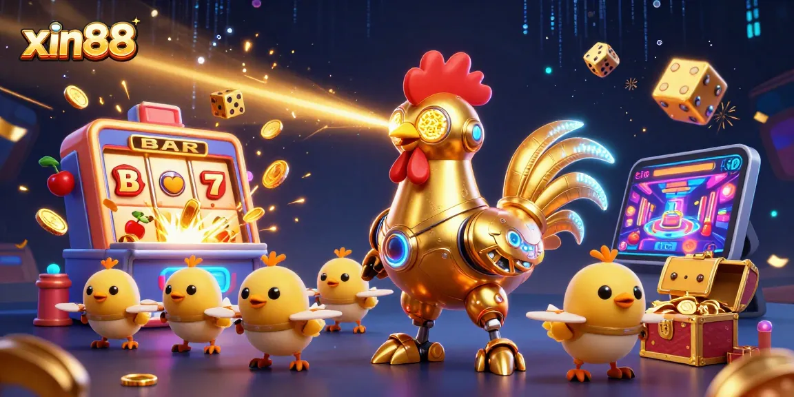 Engage with winning strategies at xin88, showcasing a golden rooster robot amidst a vibrant gaming scene.