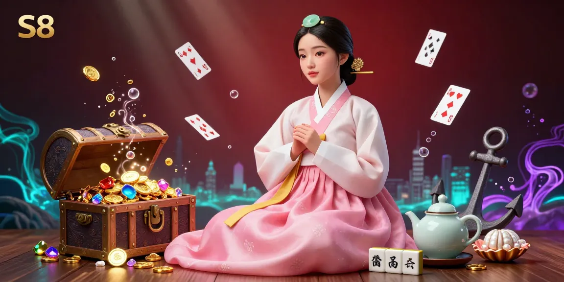 S8 showcases a serene Asian woman in a hanbok with decorative casino elements in a vibrant underwater scene.