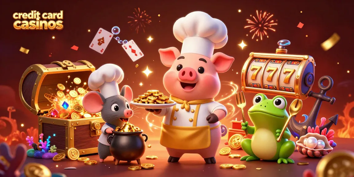 Experience winning moments at credit card casinos with a chef pig and fun characters exploring gaming treasures.