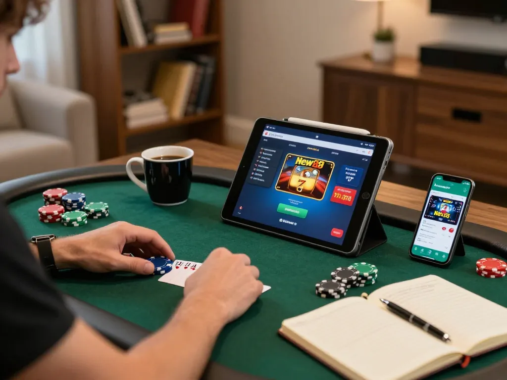 Player enjoying a thrilling poker moment on the New88 app, showcasing poker chips and strategy notes.