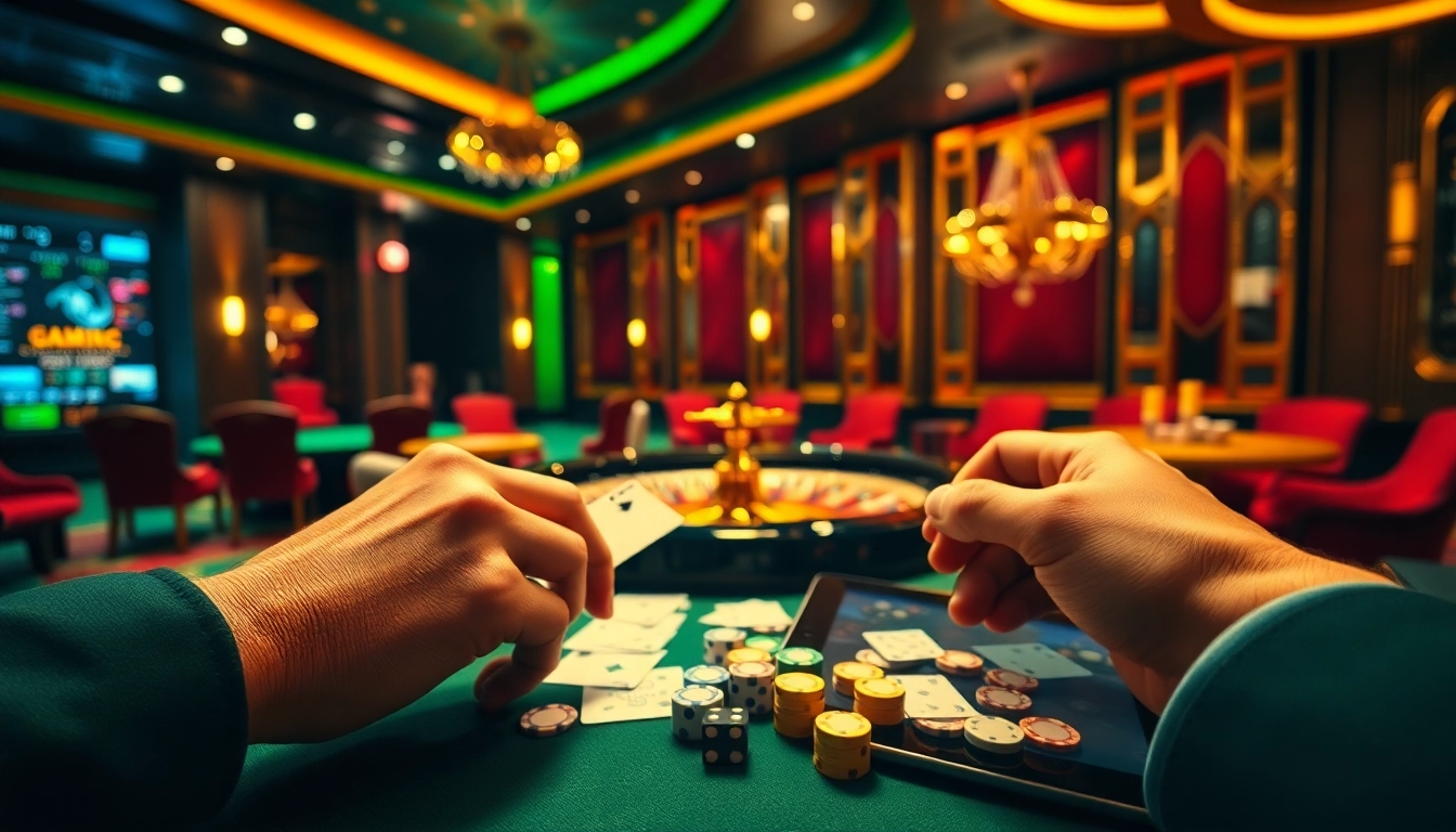 Exciting gameplay at https://kim88.center/ showcasing a luxury casino atmosphere with roulette and poker.