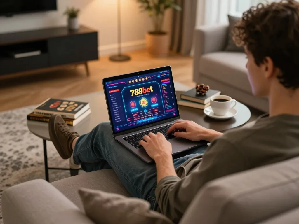 Person engaging in online gaming with 789bet on laptop, showcasing strategic betting setup at home.