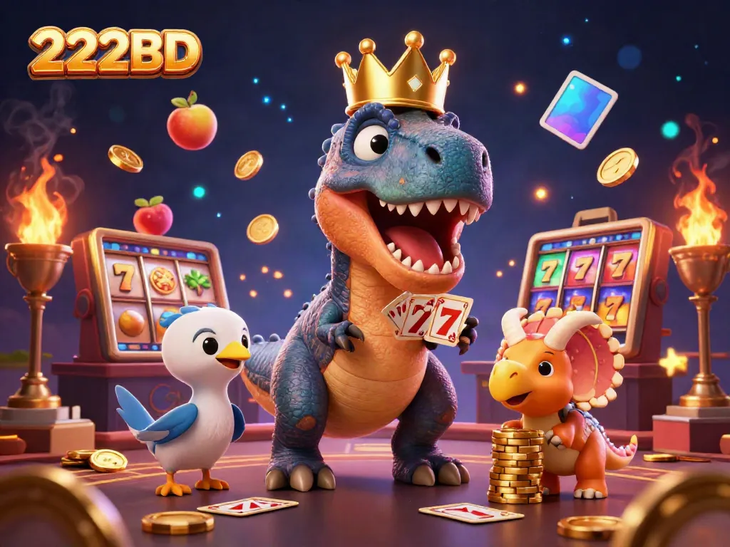 Engage in 222BD with a playful T-Rex and friends surrounded by vibrant casino elements.
