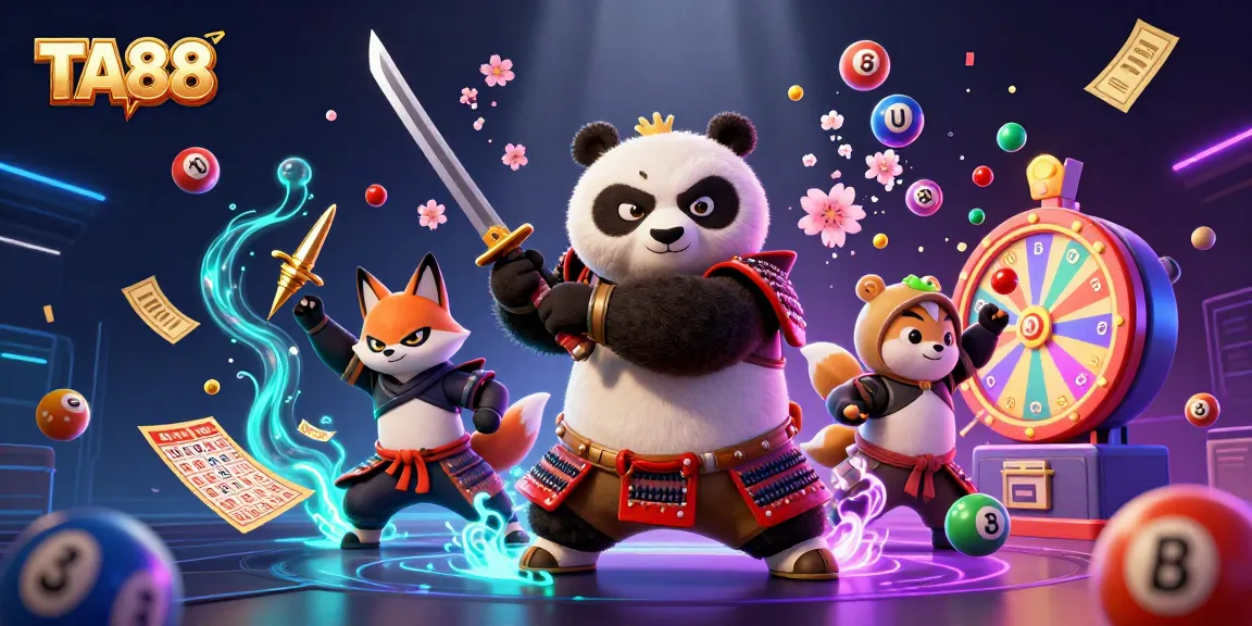 TA88 lottery excitement with 3D panda samurai and ninja fox in vibrant casino scene