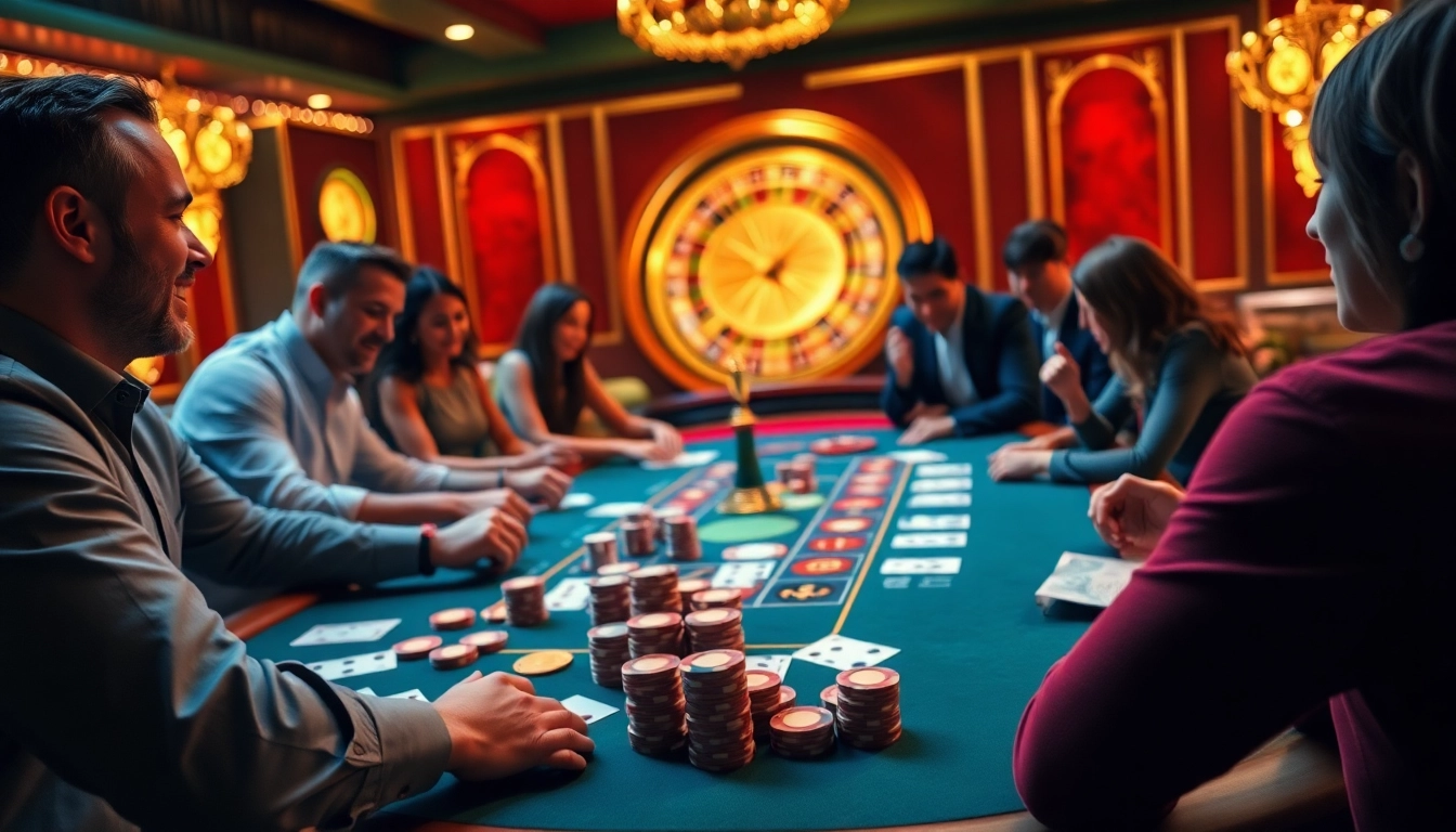 A lively online casino atmosphere showcasing SODO66 with players at a poker table and a roulette wheel in action.