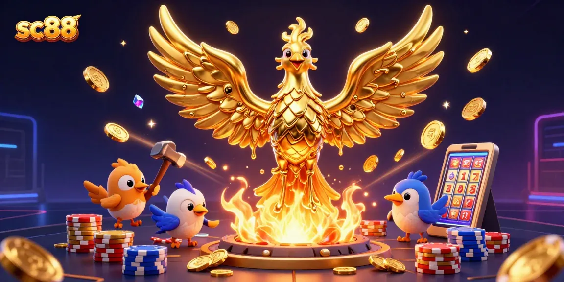 Experience sc88's thrilling casino action with a golden phoenix and vibrant gambling elements in dynamic 3D illustration.