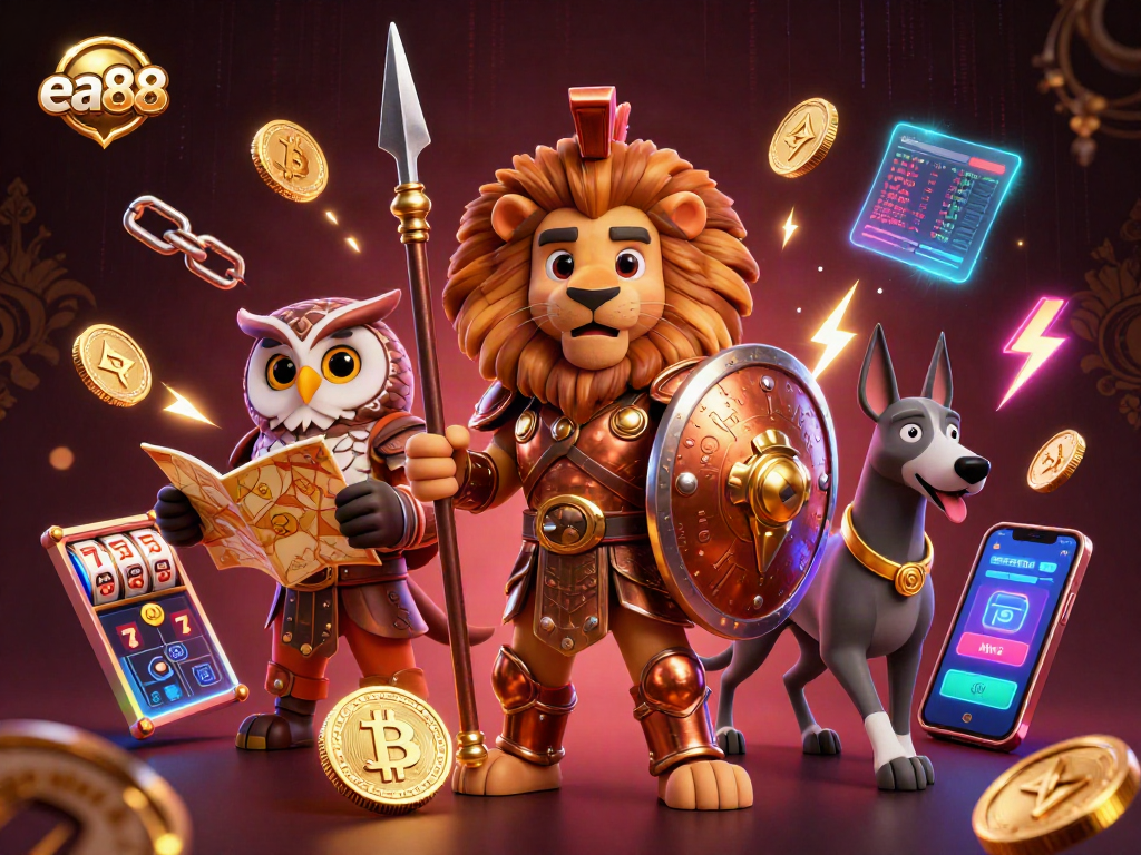 Experience thrilling gaming at ea88 with our dynamic 3D illustration of a Spartan lion, crypto coins, and slots.