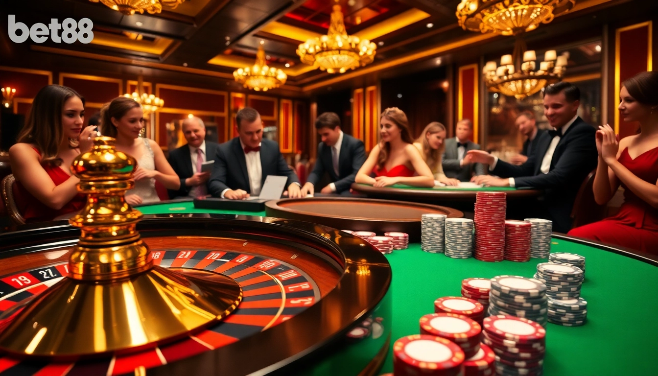Bet88 players enjoying the thrill of Roulette with polished chips and high-stakes action
