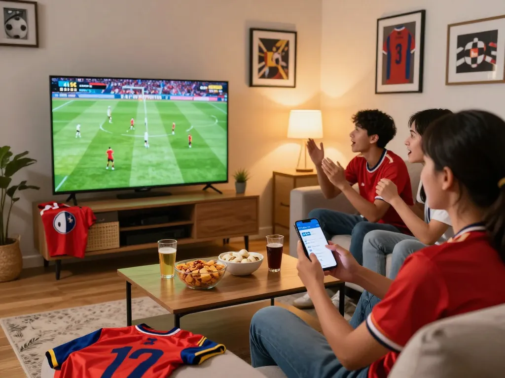Excited fans watching a football match on Okwintv in a cozy living room.