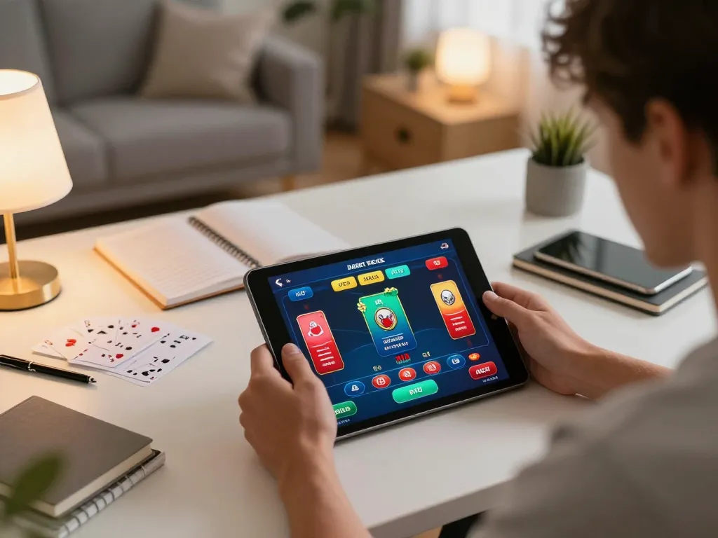 Dabet gaming experience at home, player engaging in poker on tablet with strategic notes.
