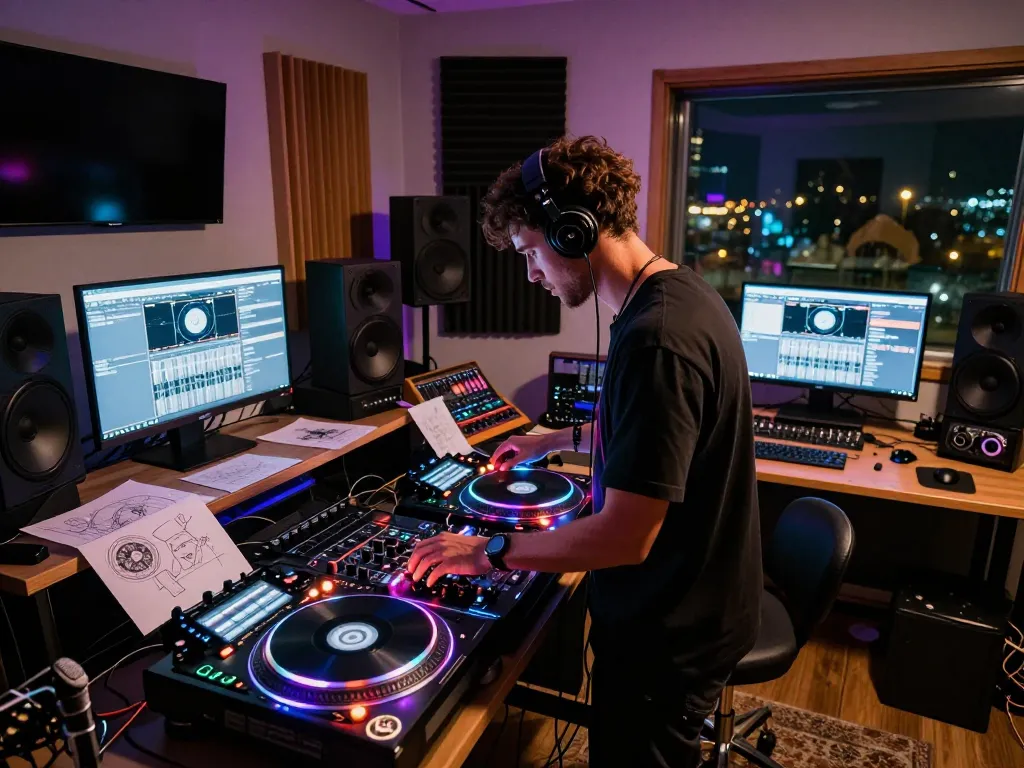 Dynamic scene of a DJ mixing in a contemporary music studio featuring LED lights, capturing the essence of 8Day music culture.