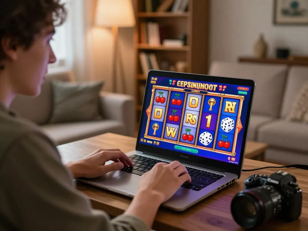 Engaging in slot88 resmi gameplay on a laptop in a cozy living room, featuring vibrant game visuals and enthusiastic player.