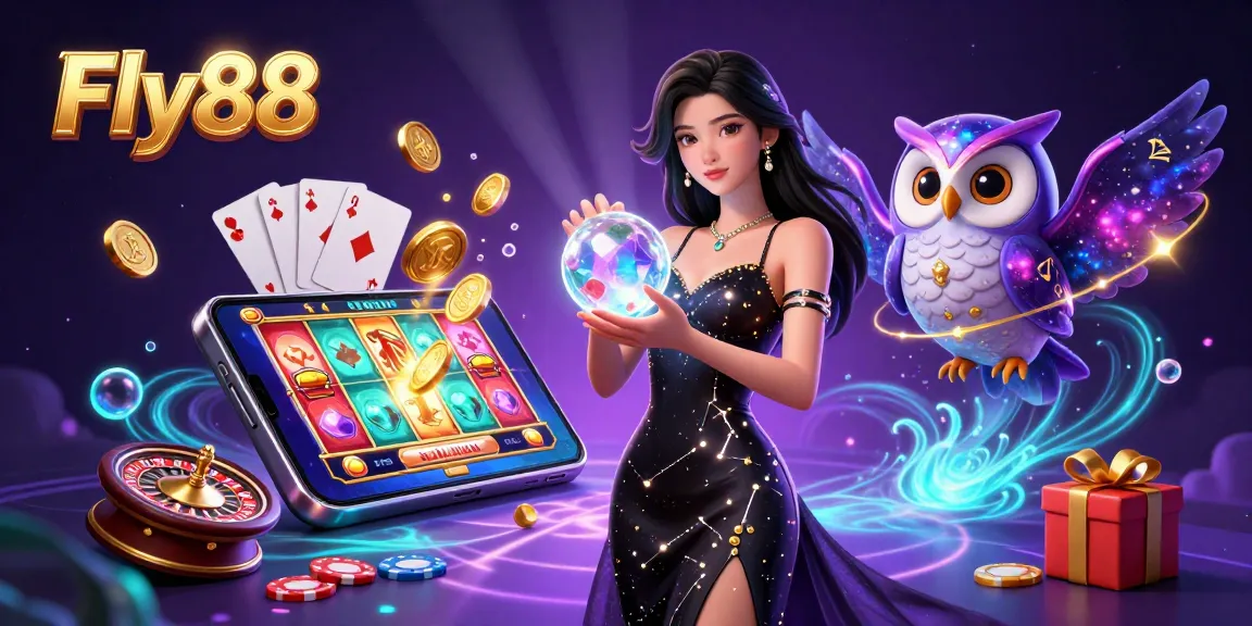 Fly88 casino excitement illustrated with vibrant colors and packed imagery of games, including slots and cards.
