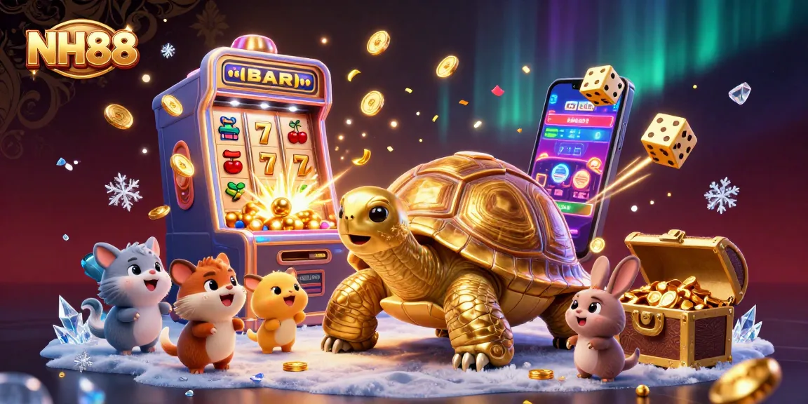 Engaging NH88 casino scene with golden tortoise pinball machine and vibrant slot elements.