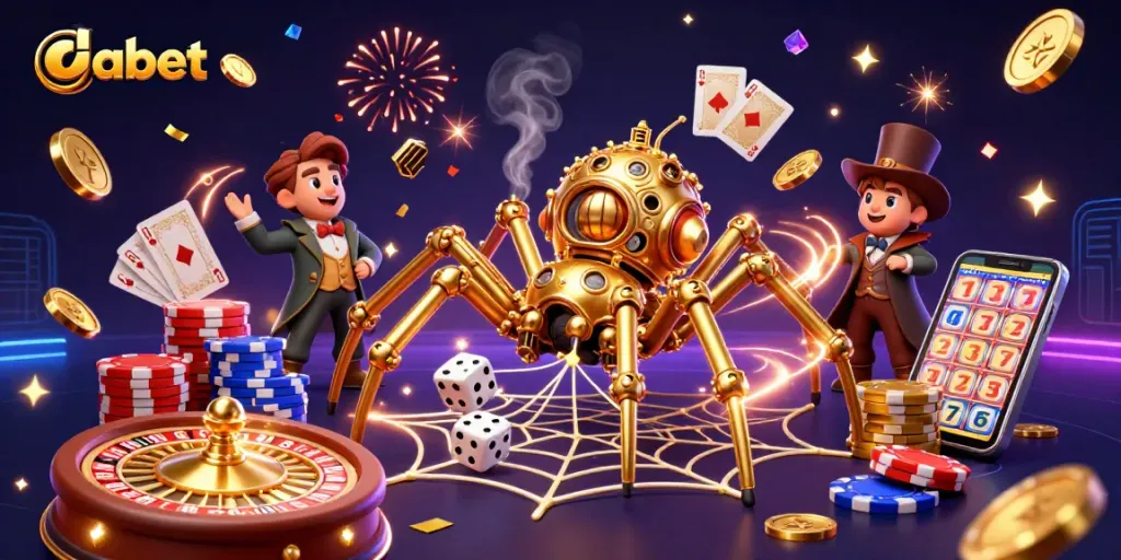 Dabet captures a lively casino scene with a steampunk spider, vibrant poker details, and dynamic gameplay effects.