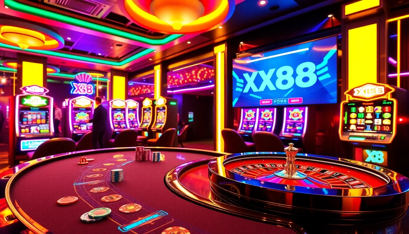 Engaging players at XX88 enjoy vibrant online slots and poker in a luxurious casino setting.