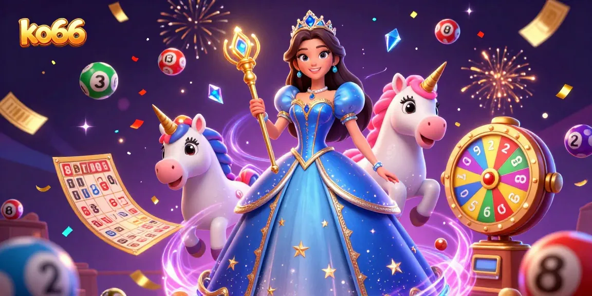 Engage with exciting ko66 gameplay, featuring a woman in a royal blue gown surrounded by dynamic lottery elements.