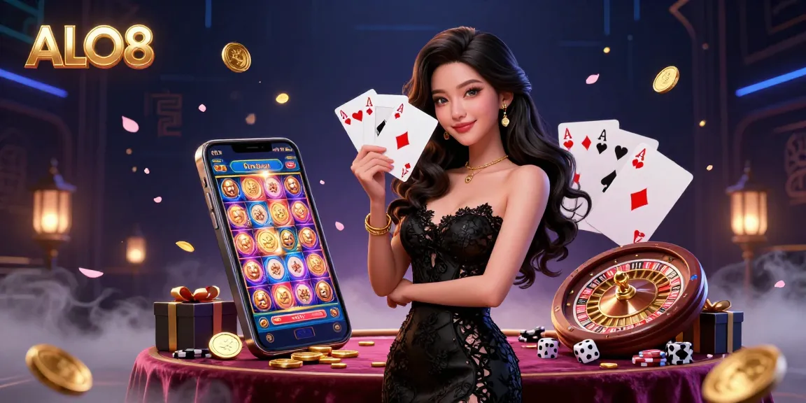 Experience the excitement of ALO8 casino with a glamorous woman holding playing cards, surrounded by vibrant game elements and golden coins.