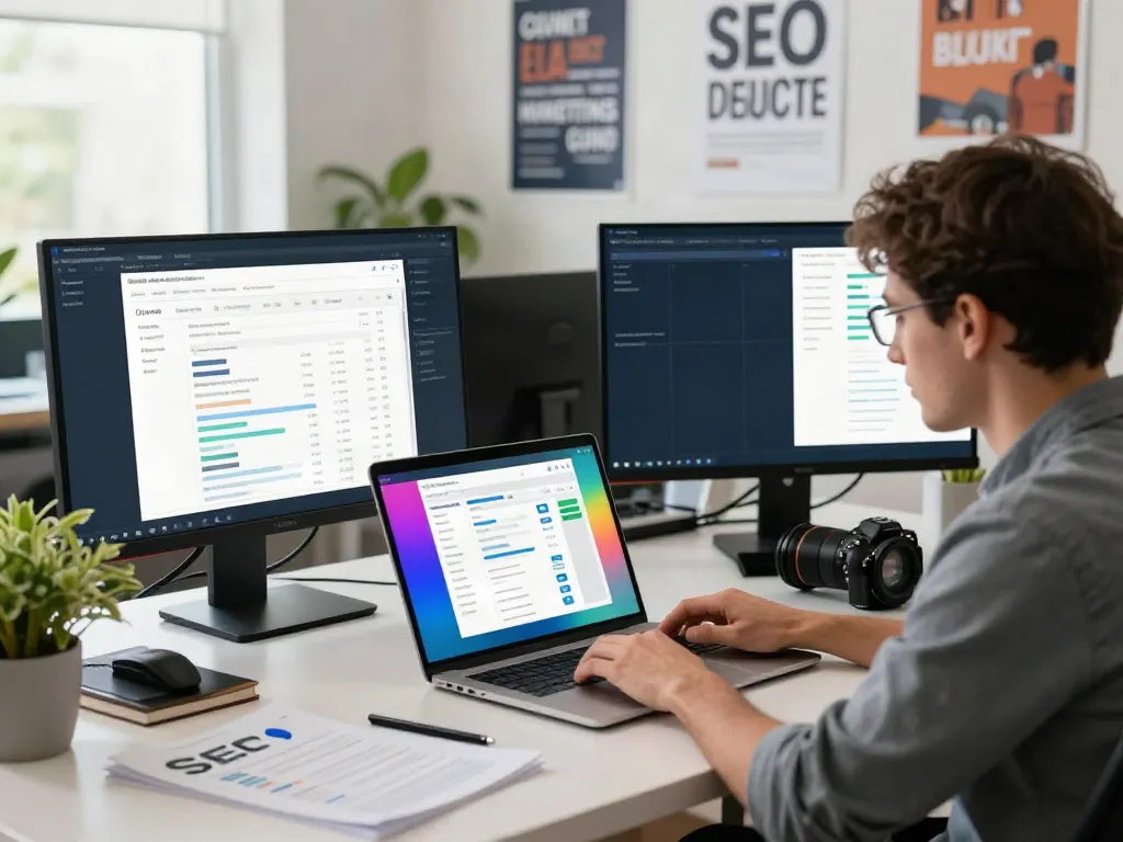 SEO specialist using instant indexing tools on a laptop in a bright office.