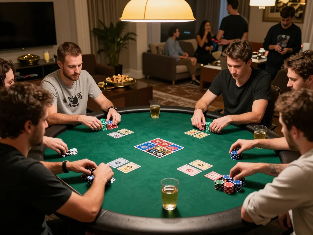 Players strategizing at a friendly poker game, showcasing BL555 high-stakes atmosphere with colorful chips and cards.