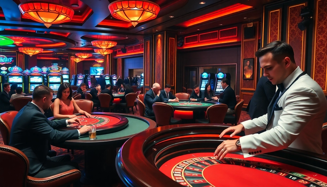 KJC players engaging in dynamic blackjack and roulette games at an upscale casino.