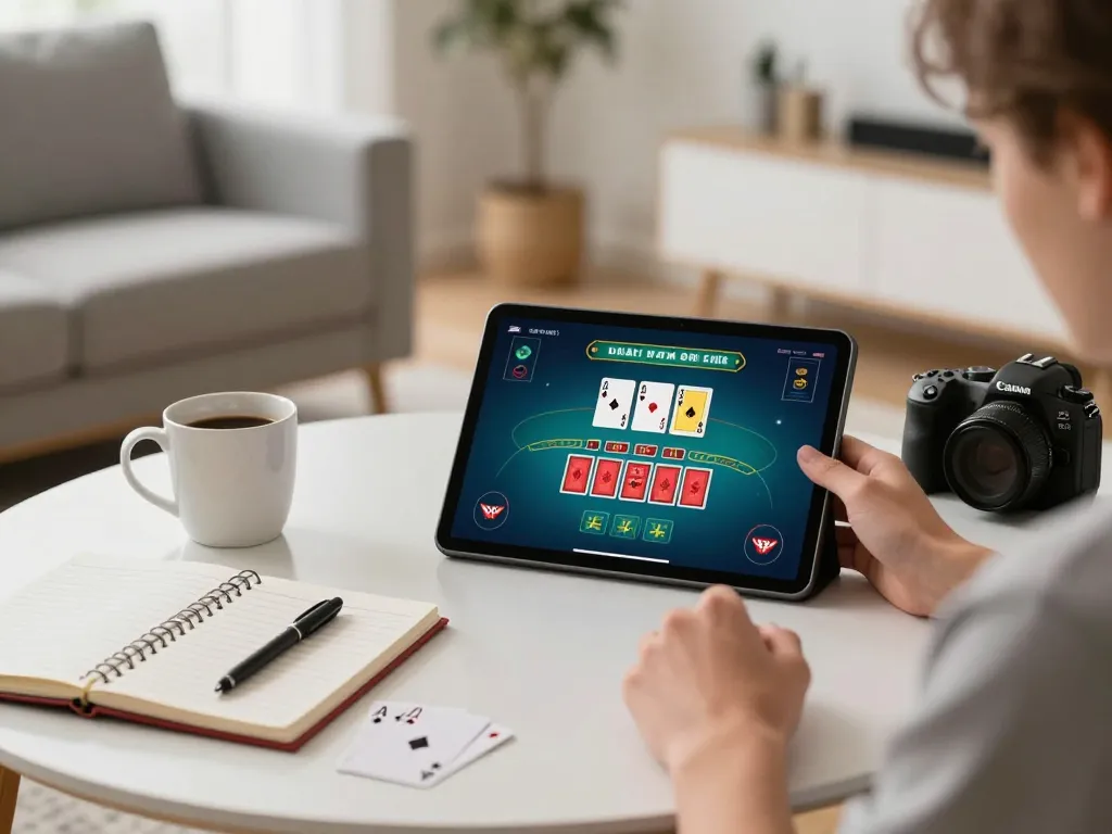 Hello88 user enjoying live blackjack game on tablet in cozy home setting, emphasizing strategic engagement.