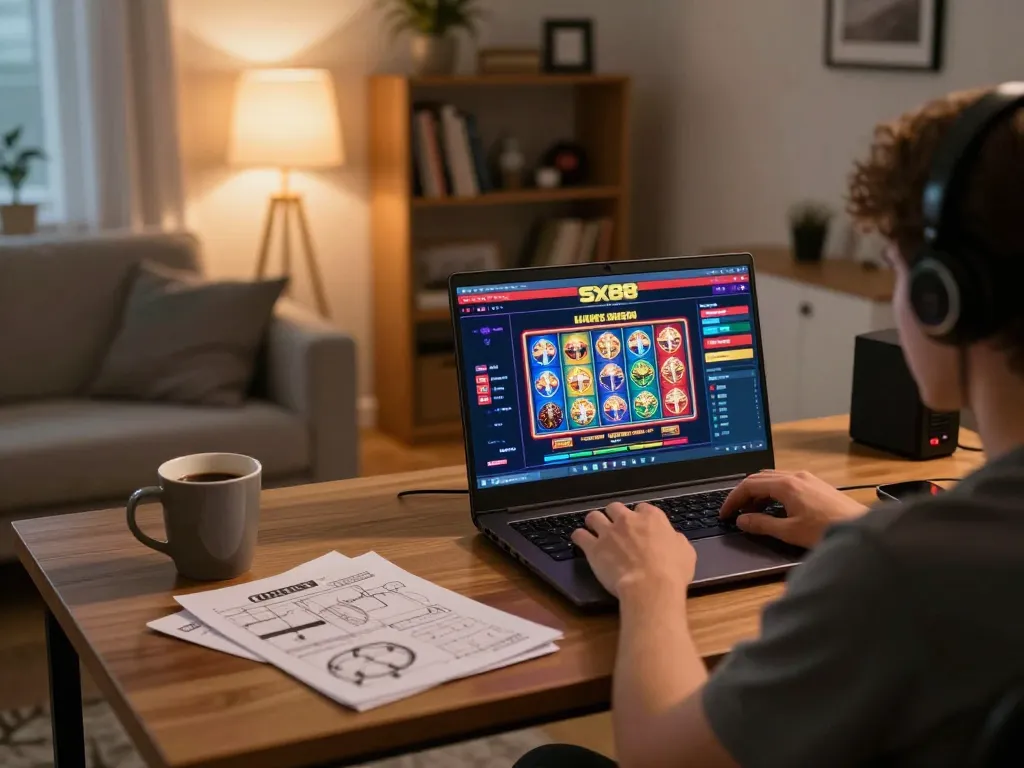 Engage in online gaming with the SX88 link on a laptop, showcasing a cozy home setup.