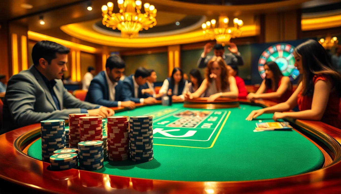 KJC themed vibrant poker table scene with engaged players and a roulette wheel.