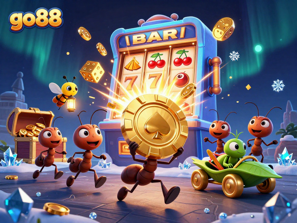 Experience the excitement of go88 with a colorful 3D casino adventure featuring animated ants and a jackpot!