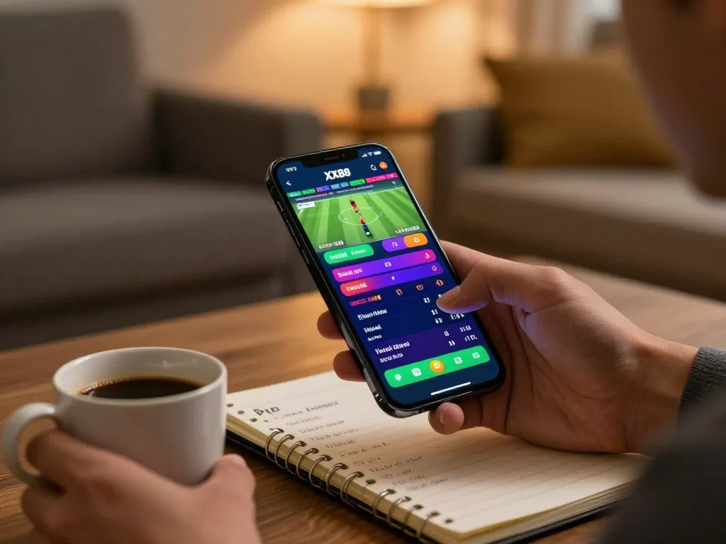 Player bets on sports using the XX88 app while enjoying a cozy home atmosphere.