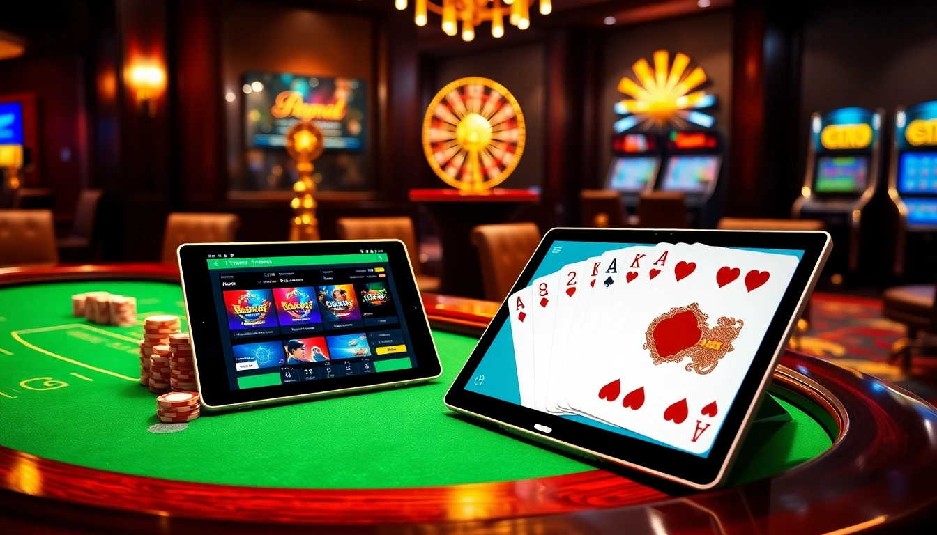 Experience the thrill of iq88 with a luxurious casino scene featuring poker, blackjack, and roulette.
