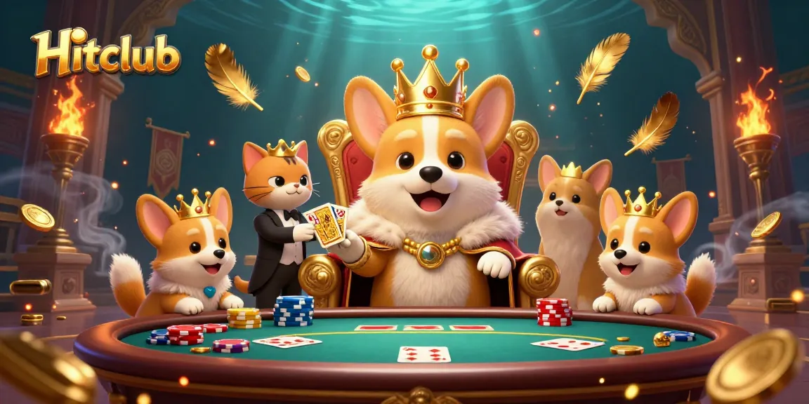 Hitclub showcases a royal corgi on a poker chip throne, enhancing the online gaming experience.