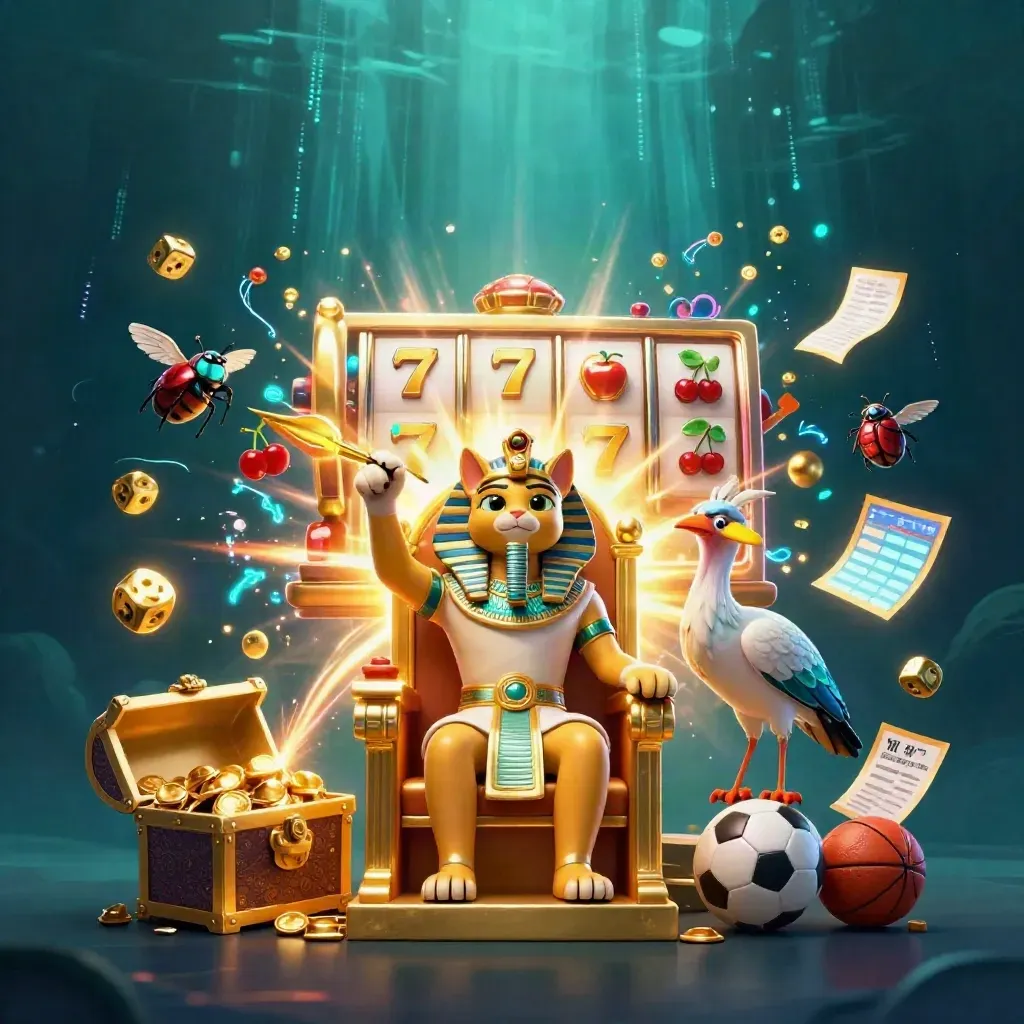 Pharaoh cat, ibis scribe, scarab beetles, and casino symbols burst in a golden underwater glow.