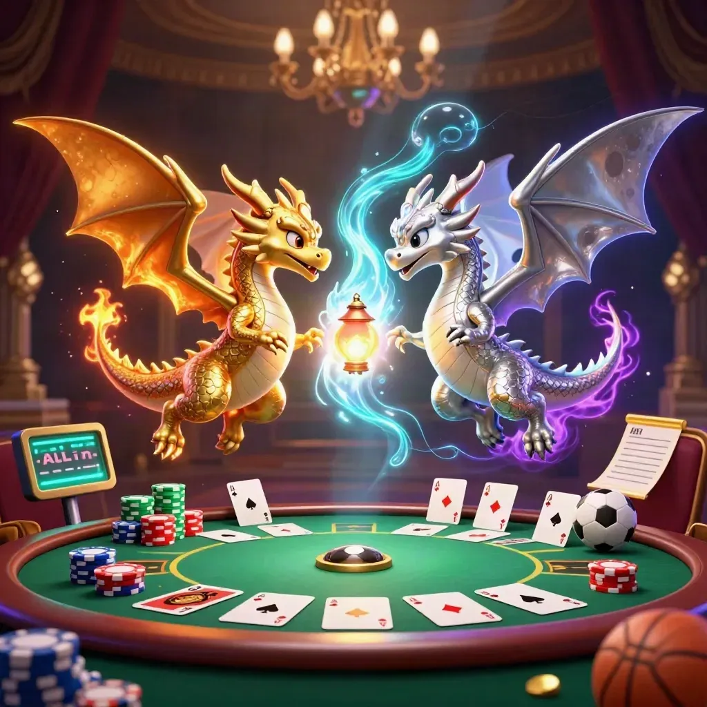 Gold and silver dragons amid poker chips, balls, and glowing casino lights.