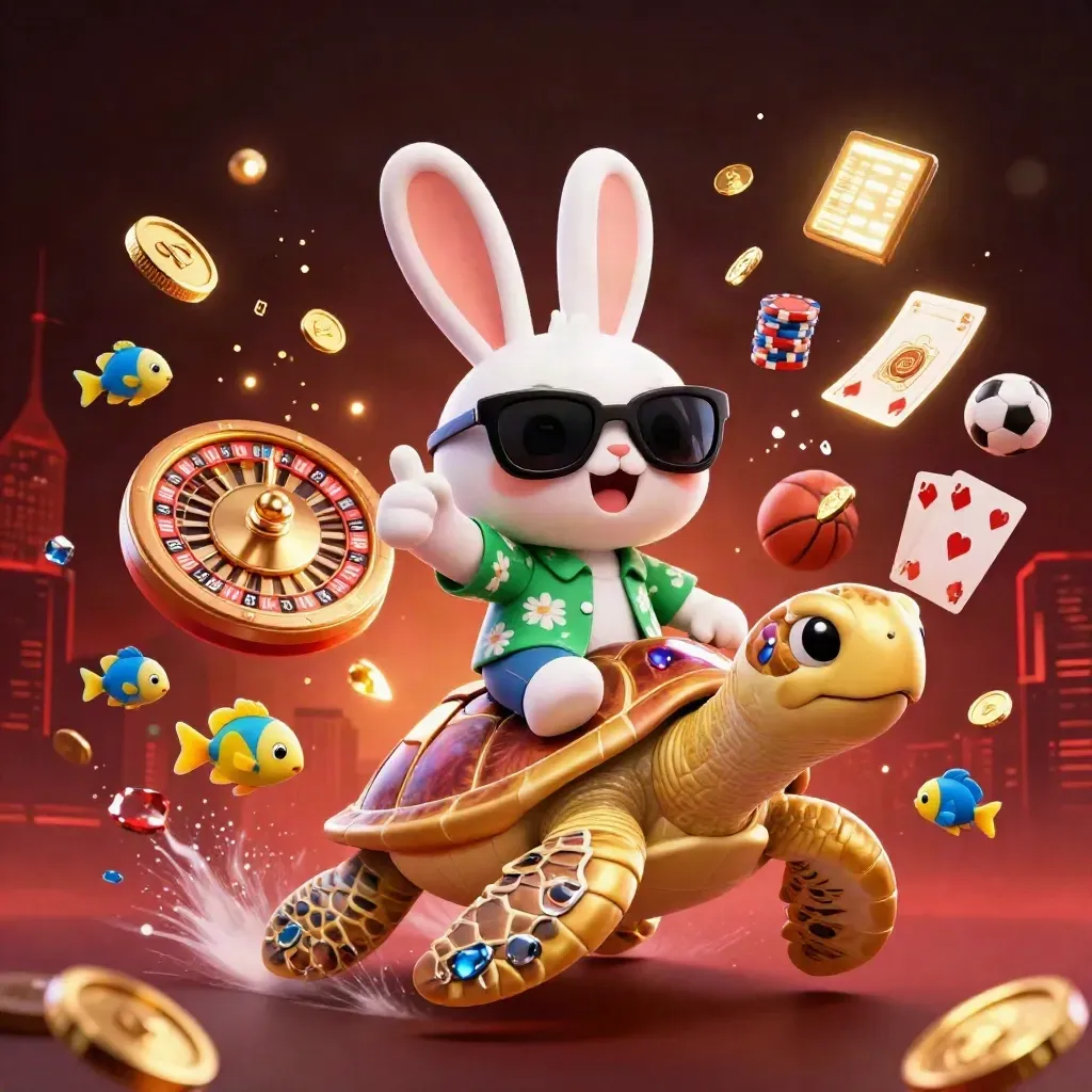 Lucky rabbit rides a gold turtle amid coins, cards, chips, and neon casino glow.