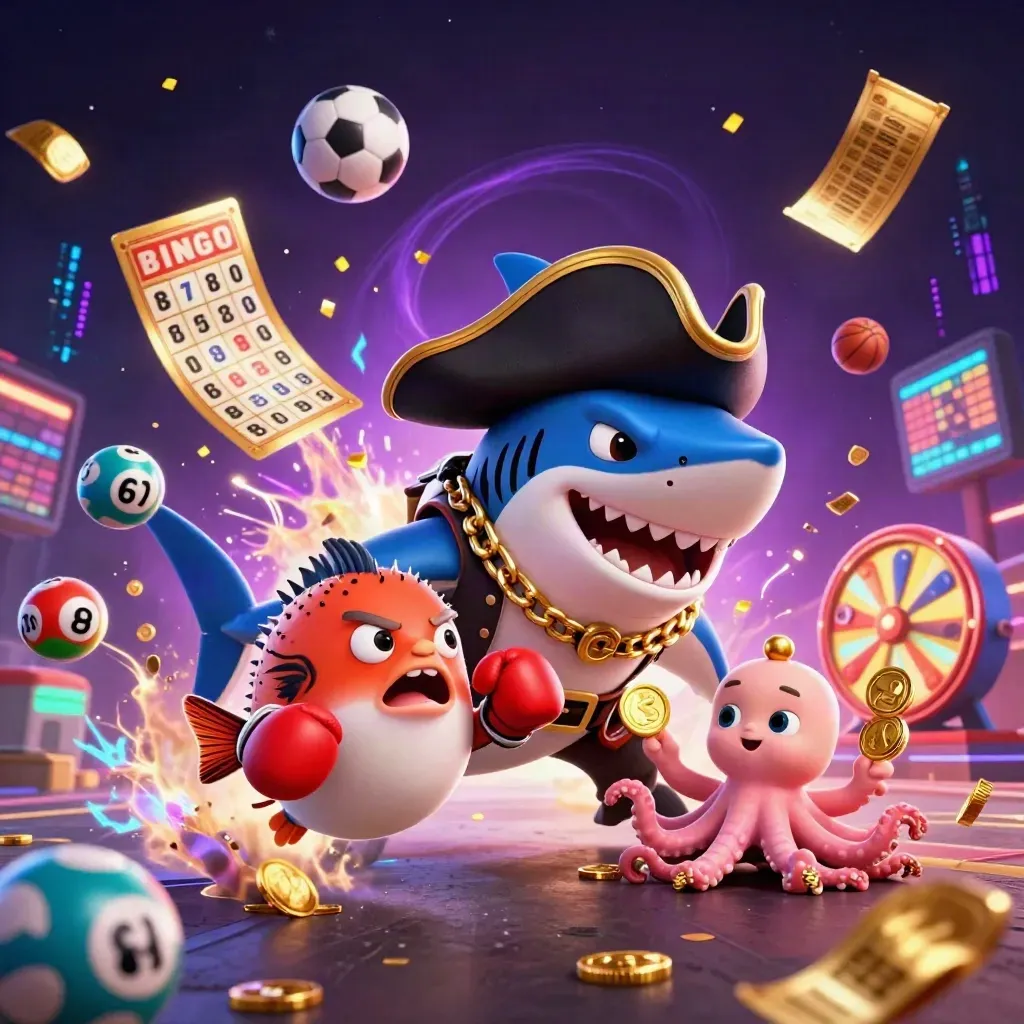 Ground-level casino key art with pirate shark, pufferfish, octopus, coins, lottery balls and neon energy.
