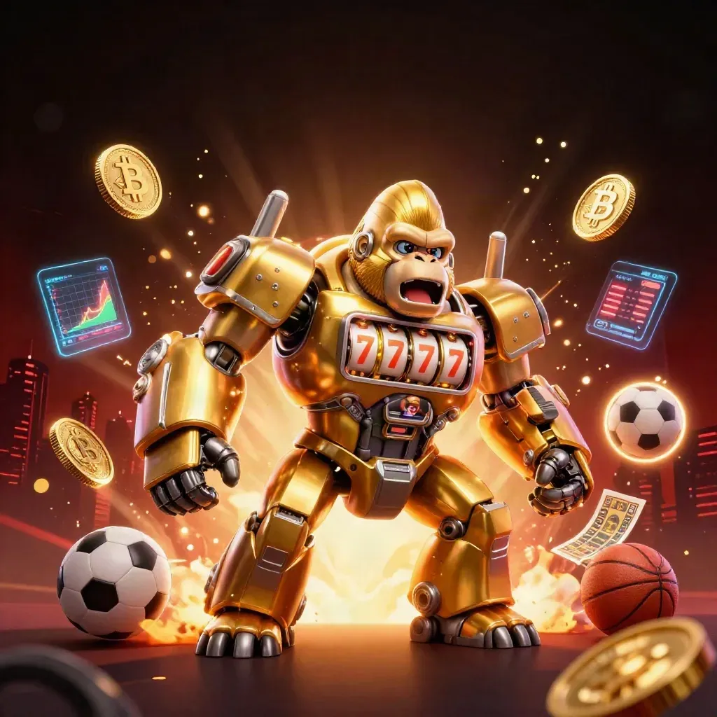 Golden gorilla mech with monkey pilot, coins, lightning, skyline and casino glow.