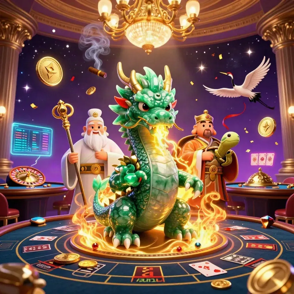 Emerald dragon, turtle sage, and cranes amid neon casino magic, coins, roulette, and fire.