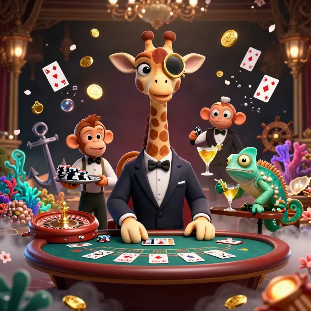Giraffe, monkey, and chameleon in a lavish casino lounge with treasure cove details.