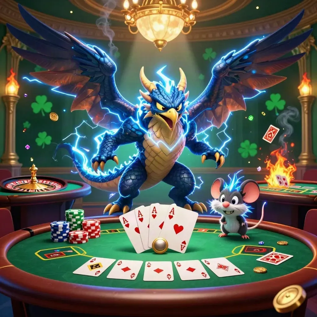 Thunder dragon, wind hawk, and static mouse amid casino tables, chips, cards, and a spinning roulette wheel.