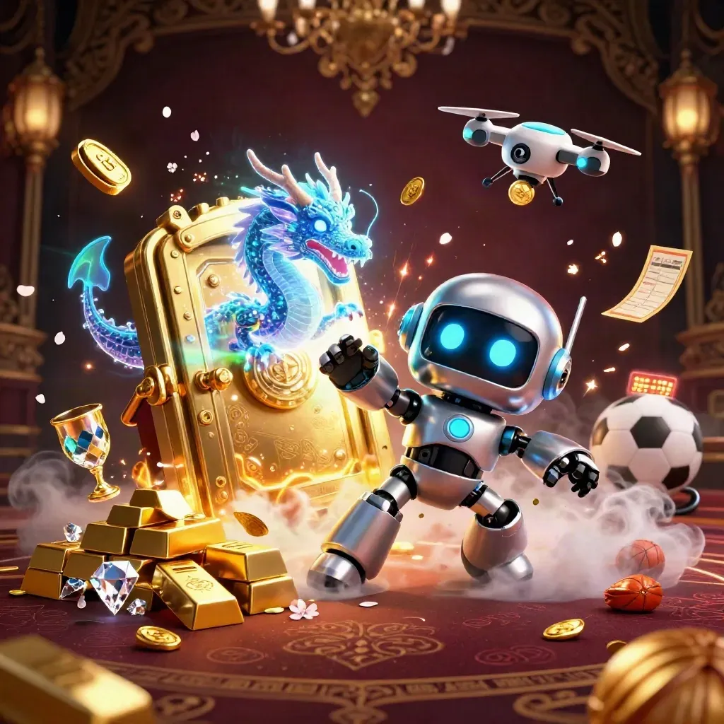 Robot mascot, holographic dragon, vault gold, soccer ball and basketball in a premium casino scene.