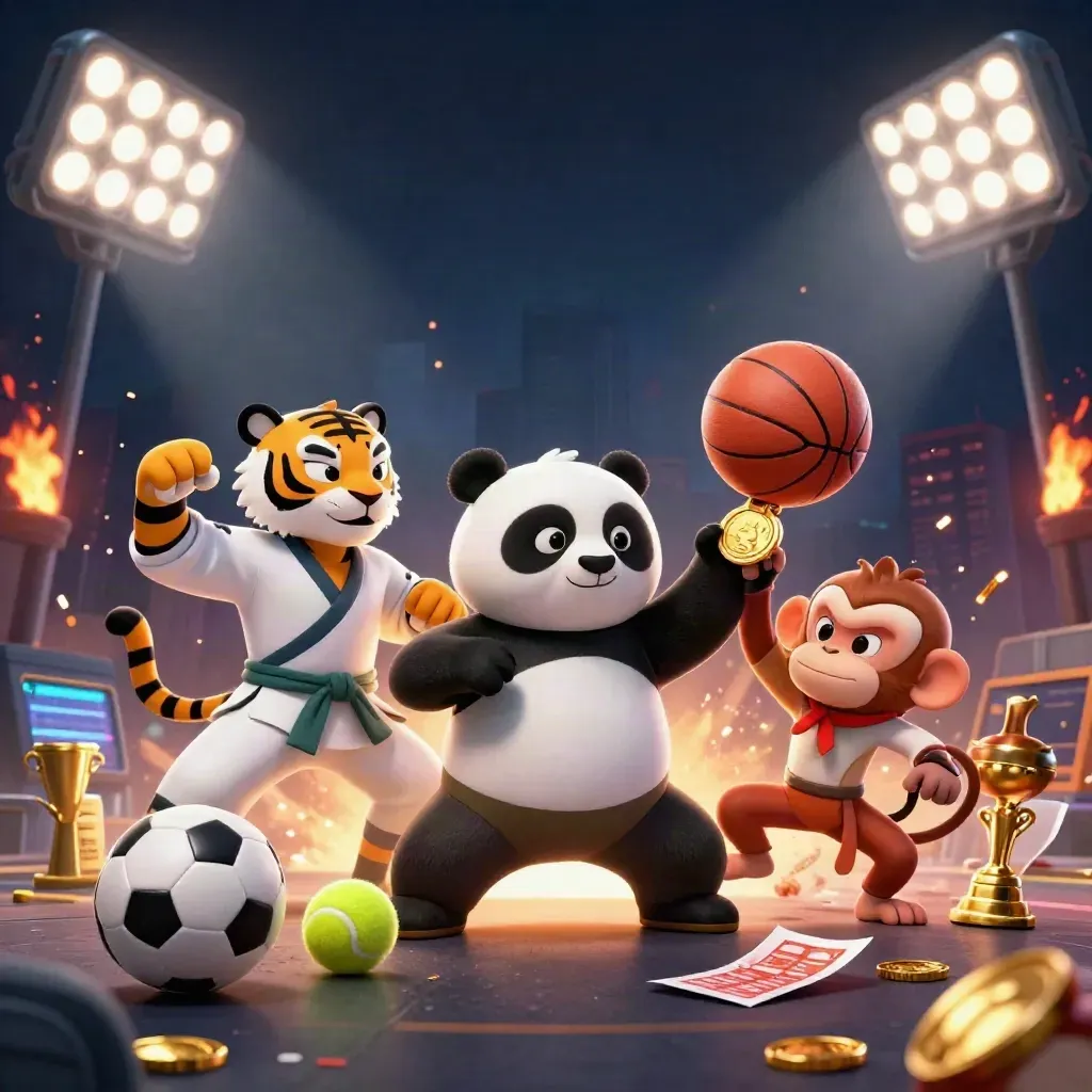 Kung-fu tiger, panda, and monkey burst around a glowing basketball in premium casino-style key art.
