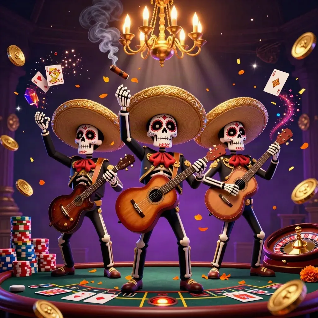 Skeleton mariachi trio amid casino riches, coins, cards, roulette glow, and fireworks.