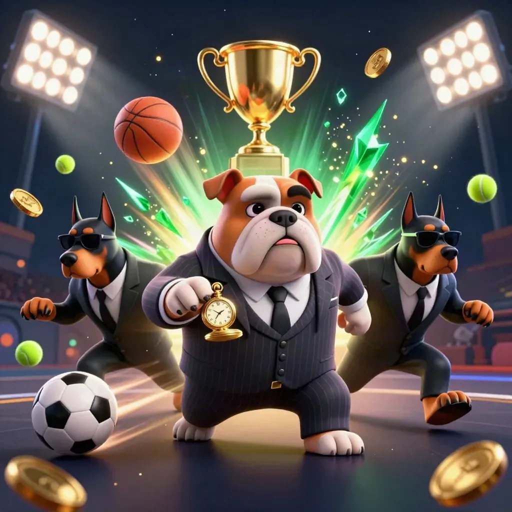Bulldog boss with two Dobermans amid flying sports balls, trophy, coins, and emerald energy.