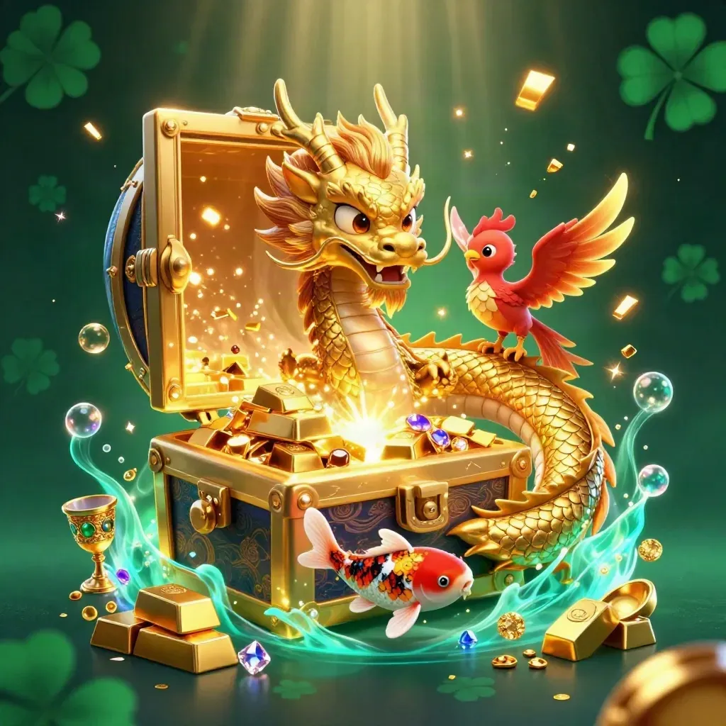 Golden dragon, phoenix, and koi burst from a glowing treasure vault in emerald casino light.