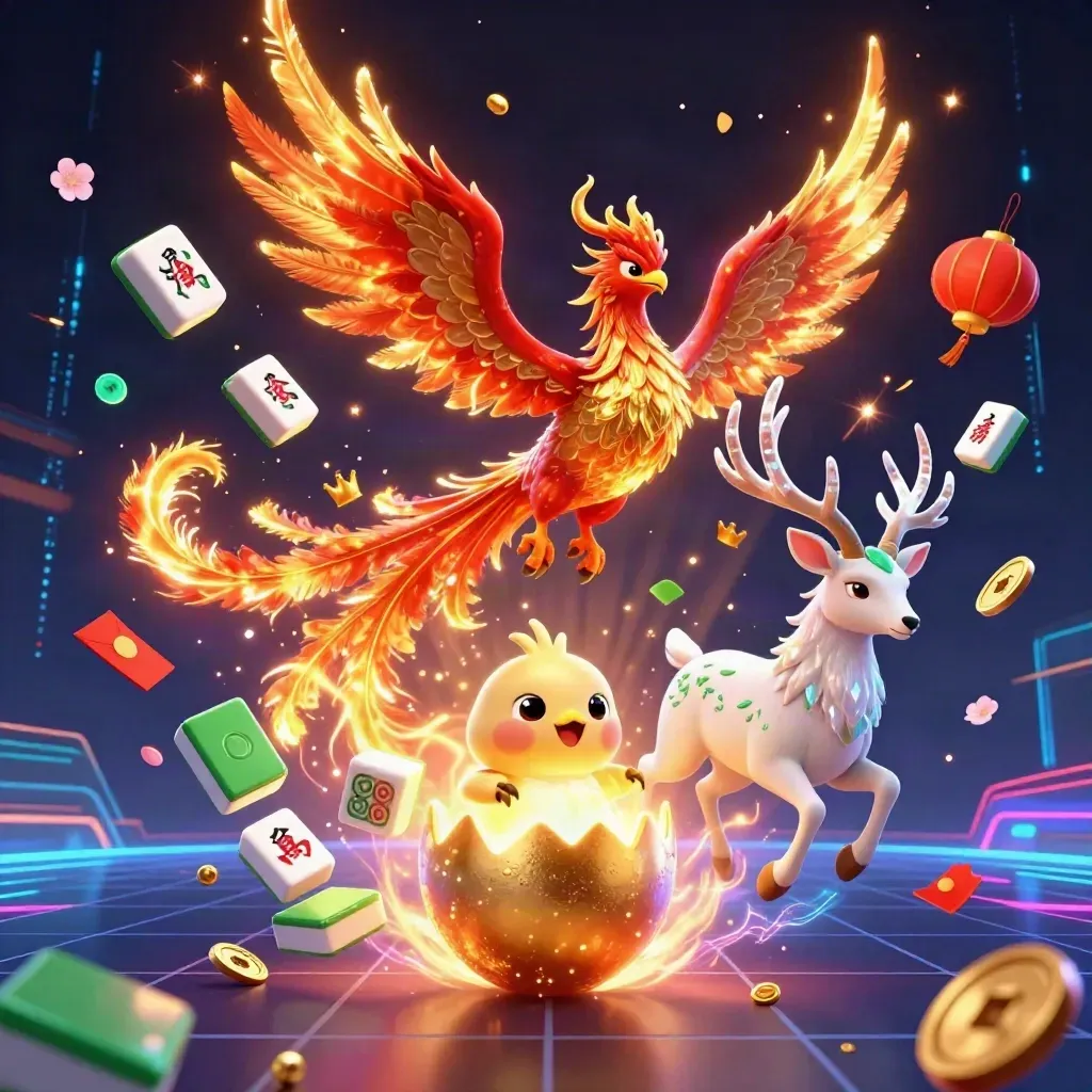 Phoenix, baby phoenix, and crystalline stag amid jade coins, lanterns, and gold treasure in neon light.