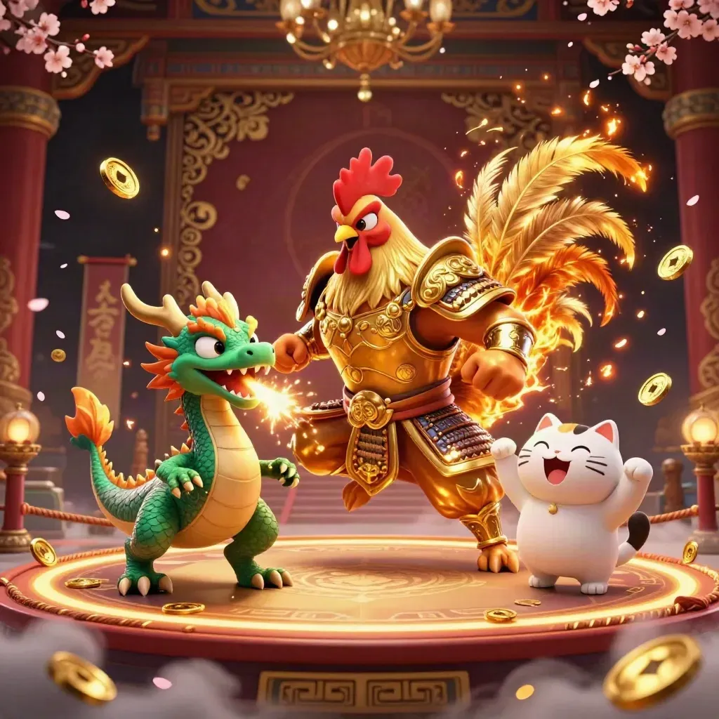Rooster warrior, spark-breathing dragon hatchling, and cheering fortune-cat amid gold, petals, and a temple gate.